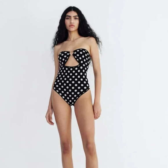 Zara Polka Dot Ring Detail Strapless Bodysuit Black  White XS/S - Picture 3 of 7